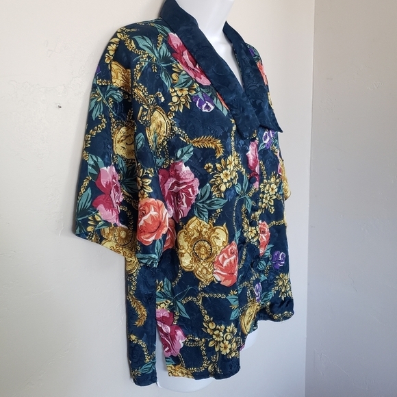 Victoria's Secret Vintage Gold Label Silky Navy Blue Pajama Top Shirt Floral Med - Picture 5 of 8